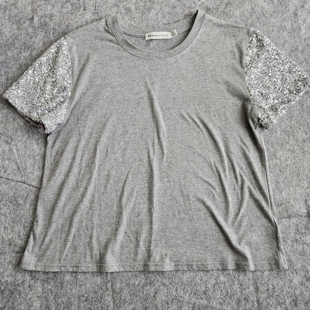 Rebecca Minkoff Sequin Sleeves Top Blouse Women's M Gray Party Cocktail Sexy